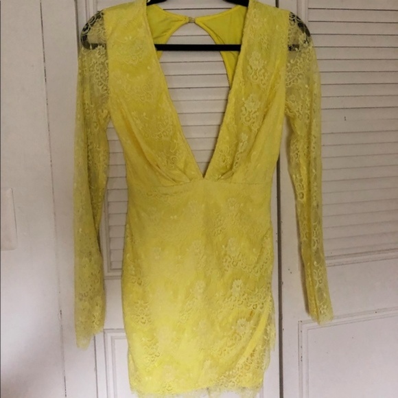 Light Yellow Lacey Mini Dress with Open Back - Picture 7 of 8